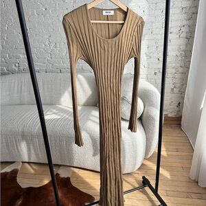 Showpo BLAIRE Tan Ribbed Long Sleeve Dress
